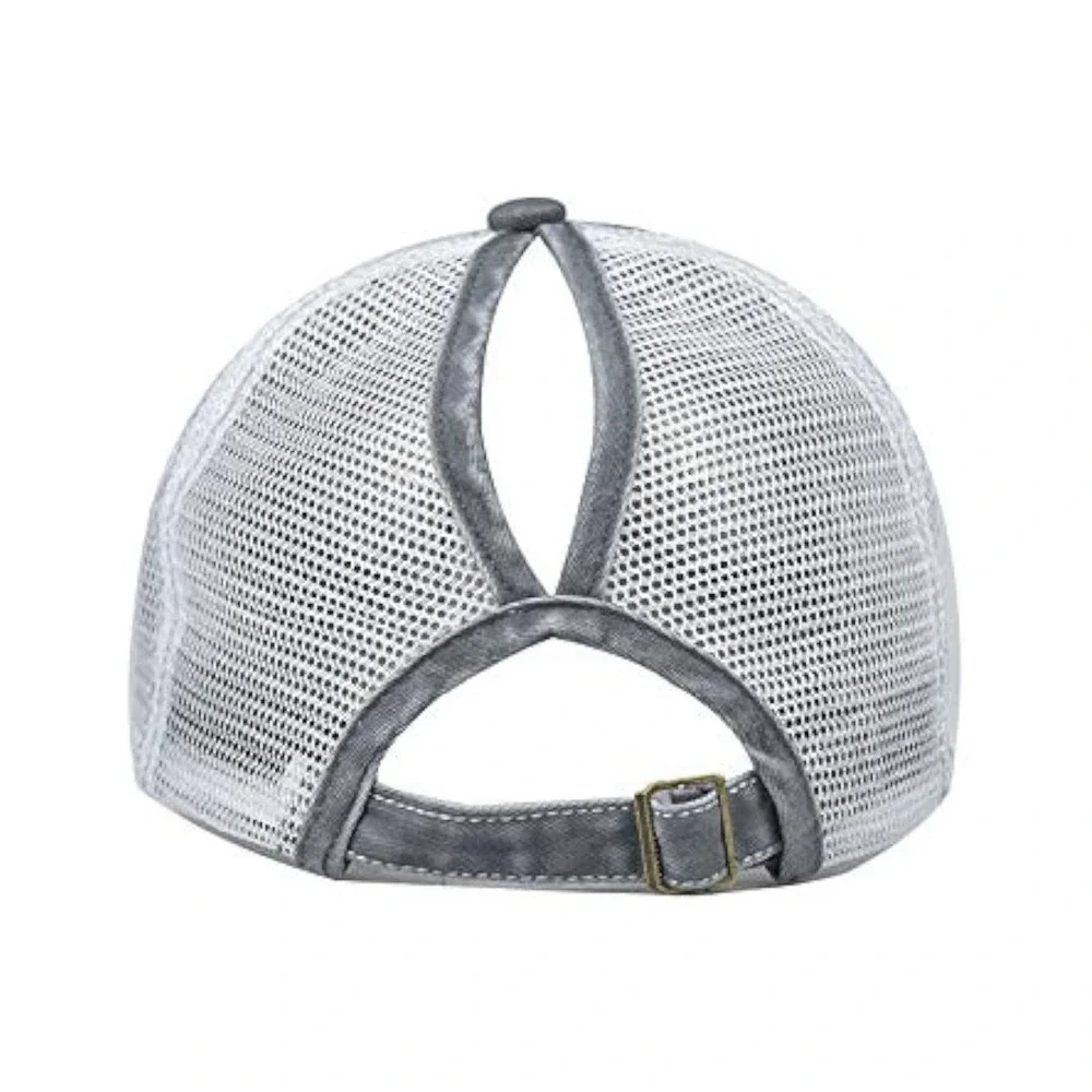 Distressed American Flag Ponytail Trucker Hat Grey White Mesh Adjustable Cap - Picture 3 of 6